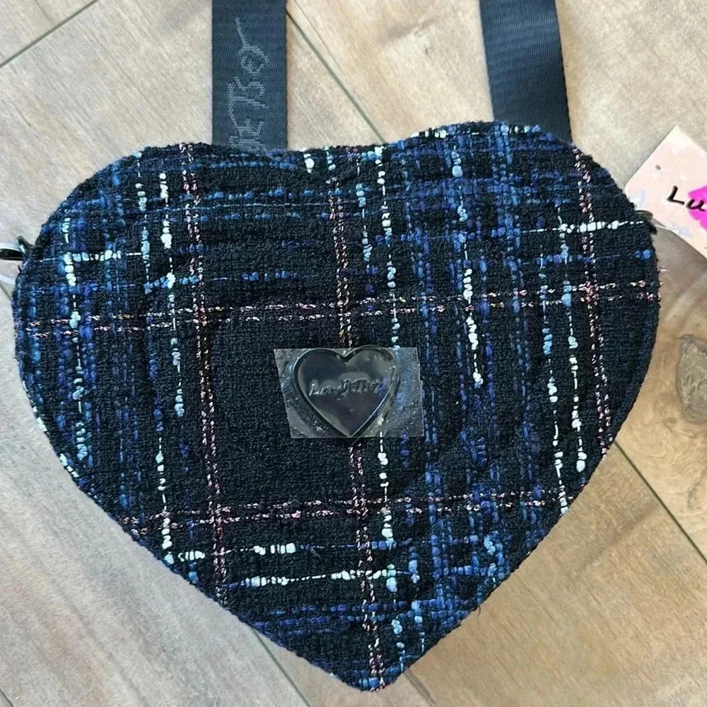 Betsey Johnson Black Plaid Heart Crossbody Bag - Picture 2 of 6